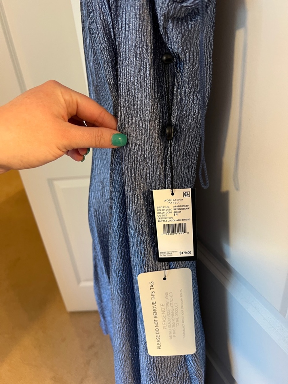 Adrianna Papell Shimmery Steel Blue High-Neck High-Low Dress - Picture 5 of 8